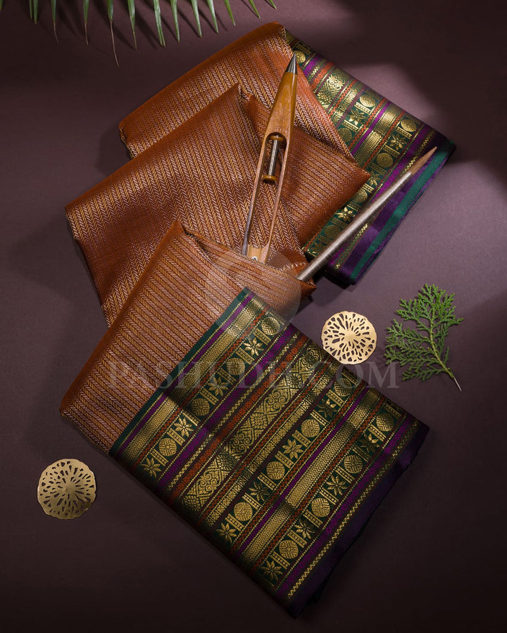 Caramel Brown And Bottle Green Kanjivaram Silk Saree-S1062(O)