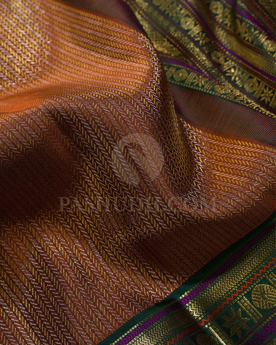 Caramel Brown And Bottle Green Kanjivaram Silk Saree-S1062(O)