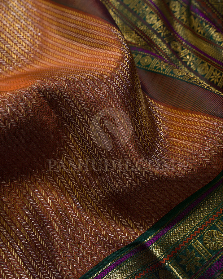 Caramel Brown And Bottle Green Kanjivaram Silk Saree-S1062(O)
