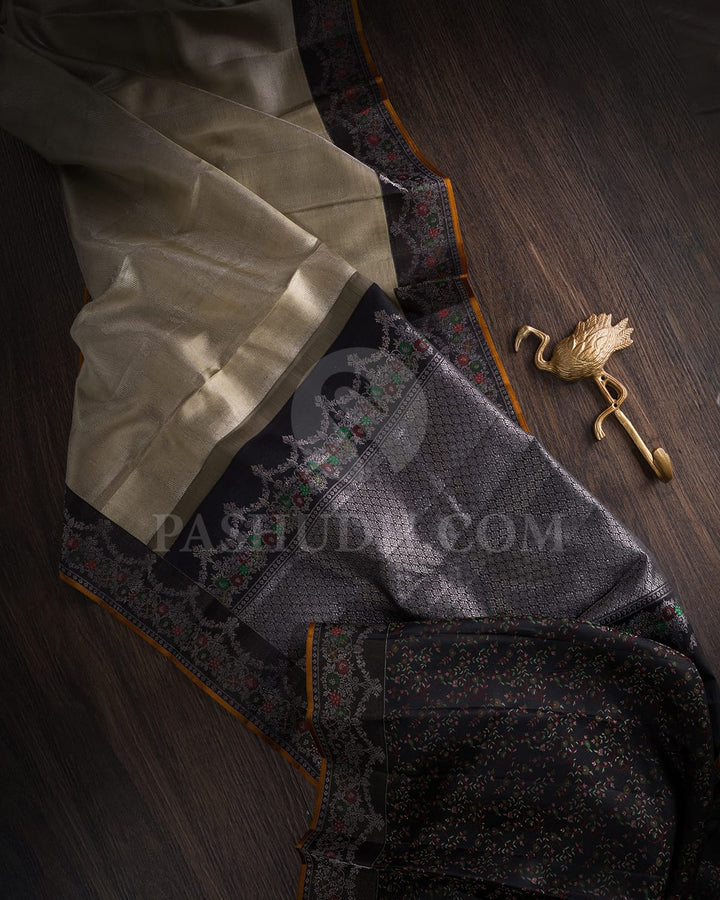 Beige And Black Kanjivaram Silk Saree-DJ433(B)