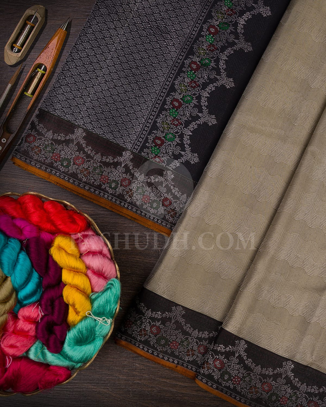 Beige And Black Kanjivaram Silk Saree-DJ433(B)