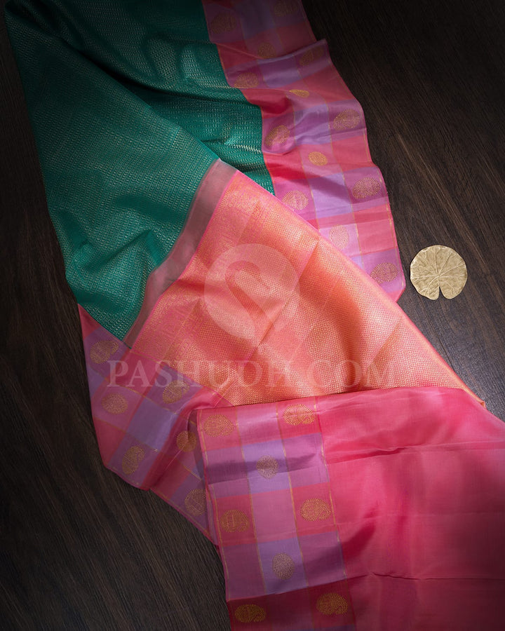 Turquoise Green With Pink And Lavender Kanjivaram Silk Saree-S1708(A)