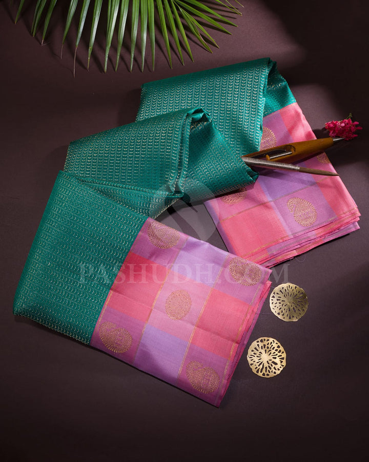 Turquoise Green With Pink And Lavender Kanjivaram Silk Saree-S1708(A)