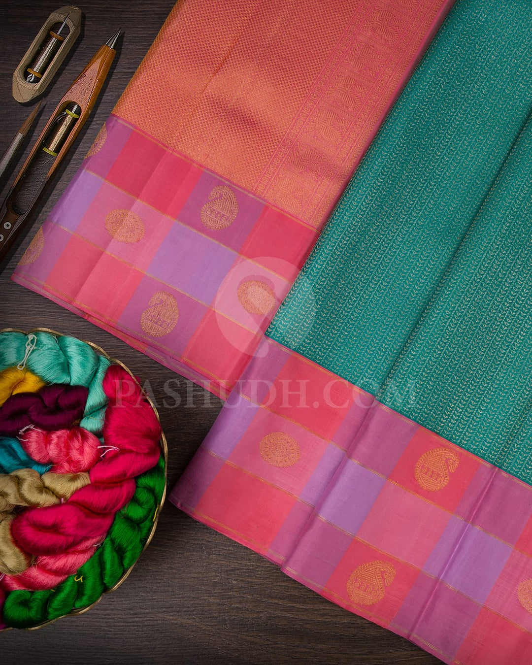 Turquoise Green With Pink And Lavender Kanjivaram Silk Saree-S1708(A)