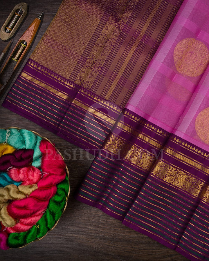 Rose Pink And Plum Organza Kanjivaram Silk Saree-S1698(A)