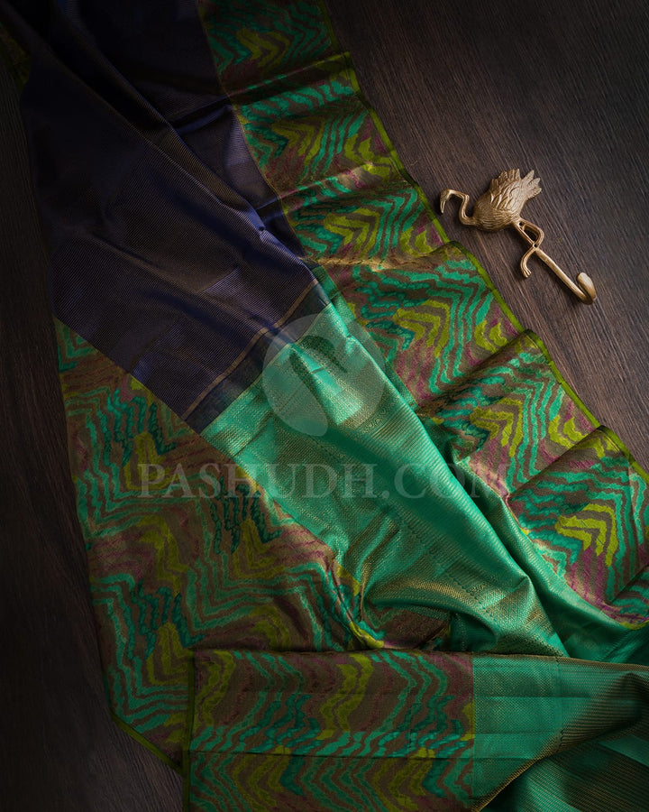 Navy Blue With Olive Green Kanjivaram Silk Saree-D678(A)