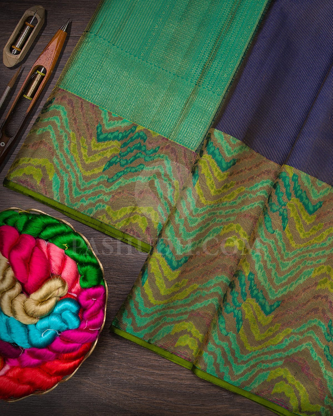 Navy Blue With Olive Green Kanjivaram Silk Saree-D678(A)