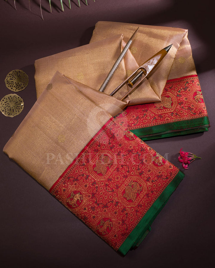 Subtle Peach And Red Kanjivaram Silk Saree-S1674(B)