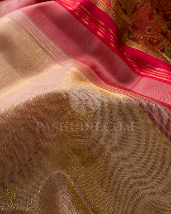 Subtle Peach And Red Kanjivaram Silk Saree-S1674(B)
