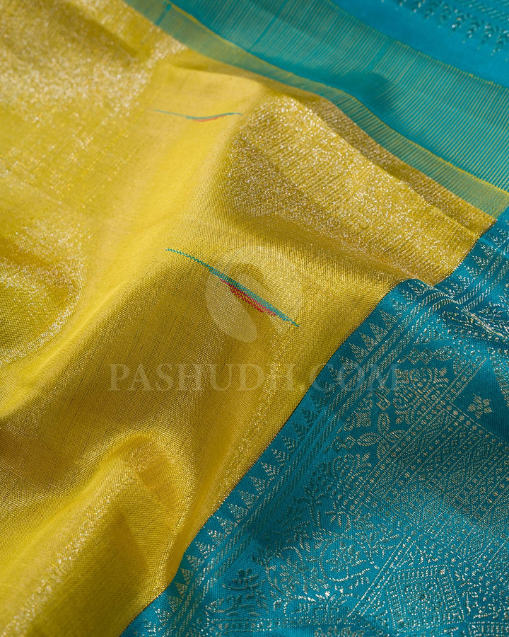 Golden Yellow And Turquoise Bridal Kanjivaram Silk Saree-S1576(B)