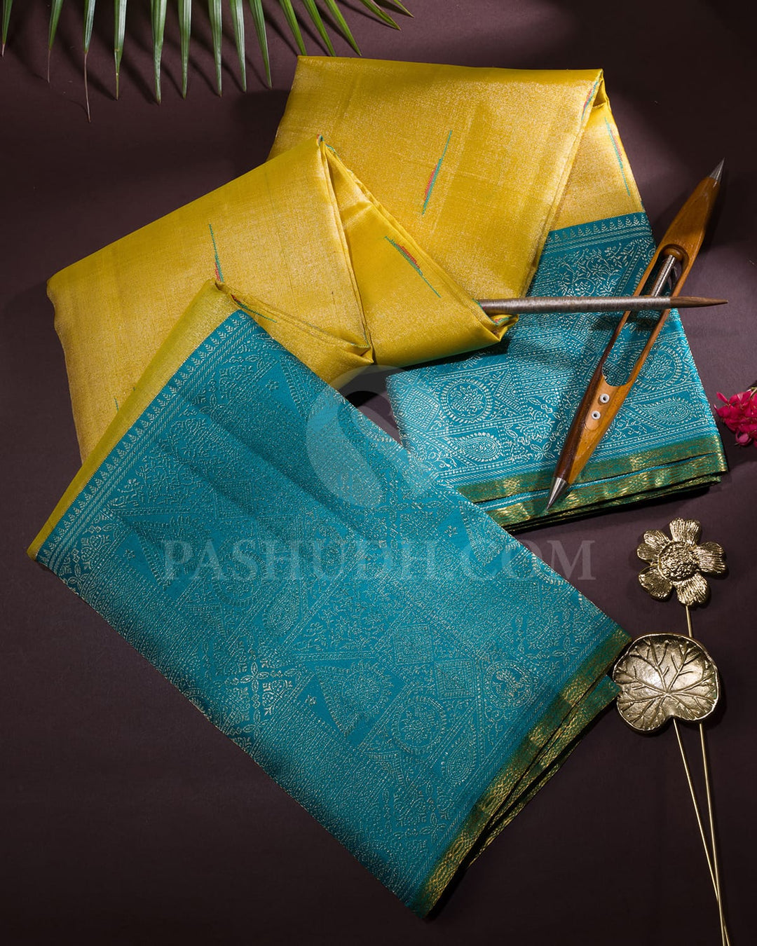 Golden Yellow And Turquoise Bridal Kanjivaram Silk Saree-S1576(B)