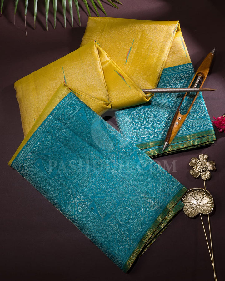 Golden Yellow And Turquoise Bridal Kanjivaram Silk Saree-S1576(B)