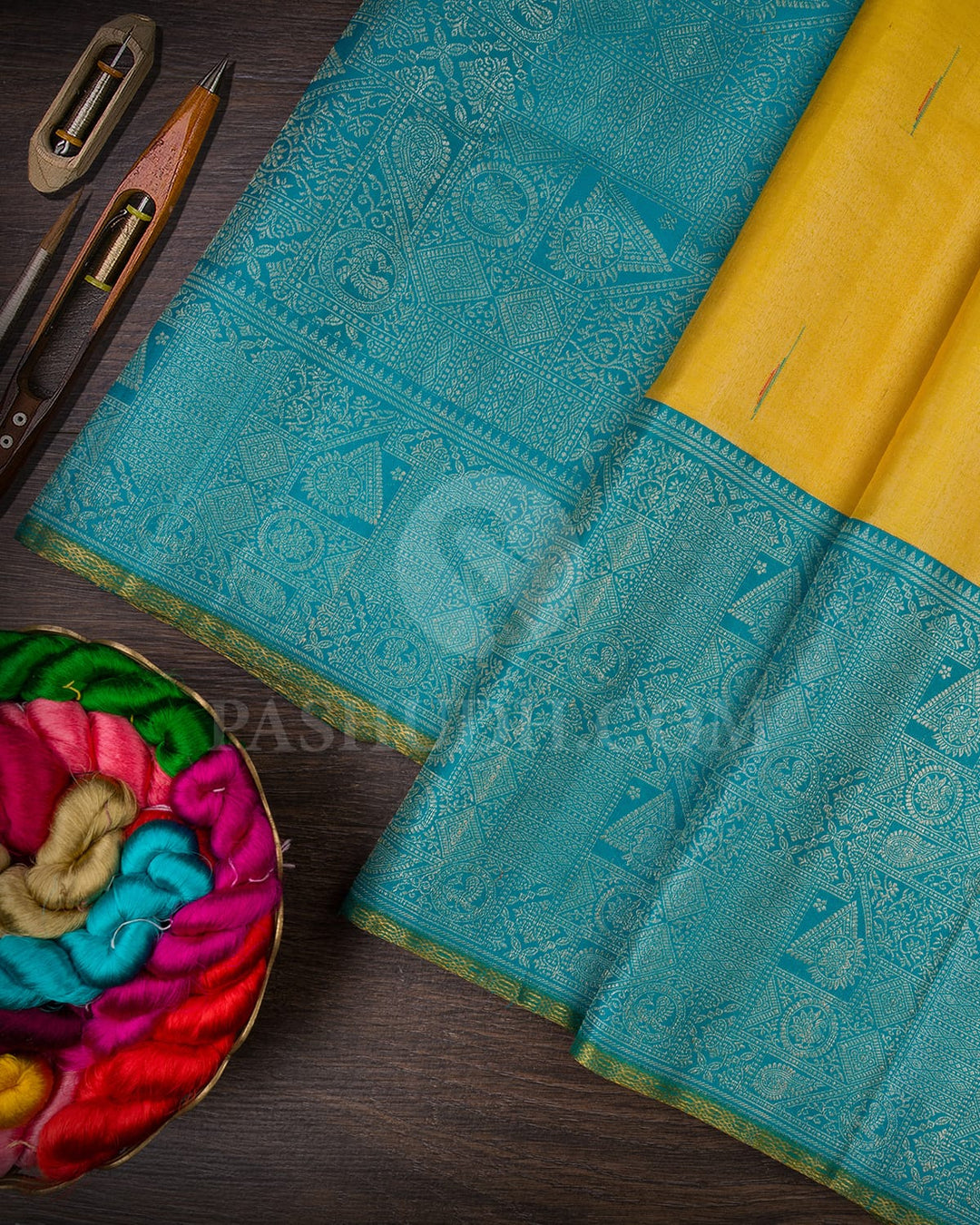 Golden Yellow And Turquoise Bridal Kanjivaram Silk Saree-S1576(B)
