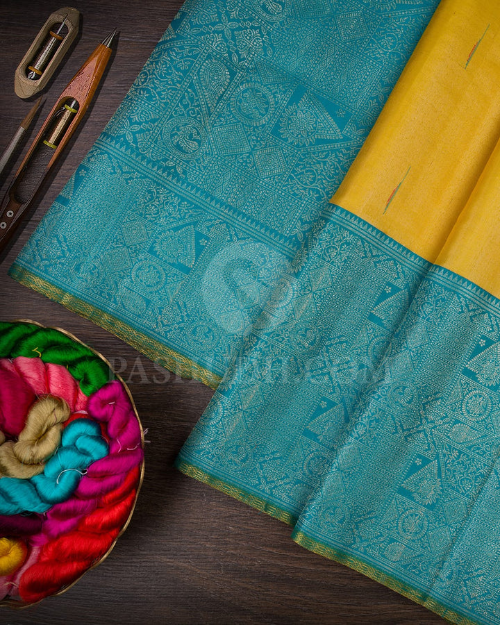 Golden Yellow And Turquoise Bridal Kanjivaram Silk Saree-S1576(B)