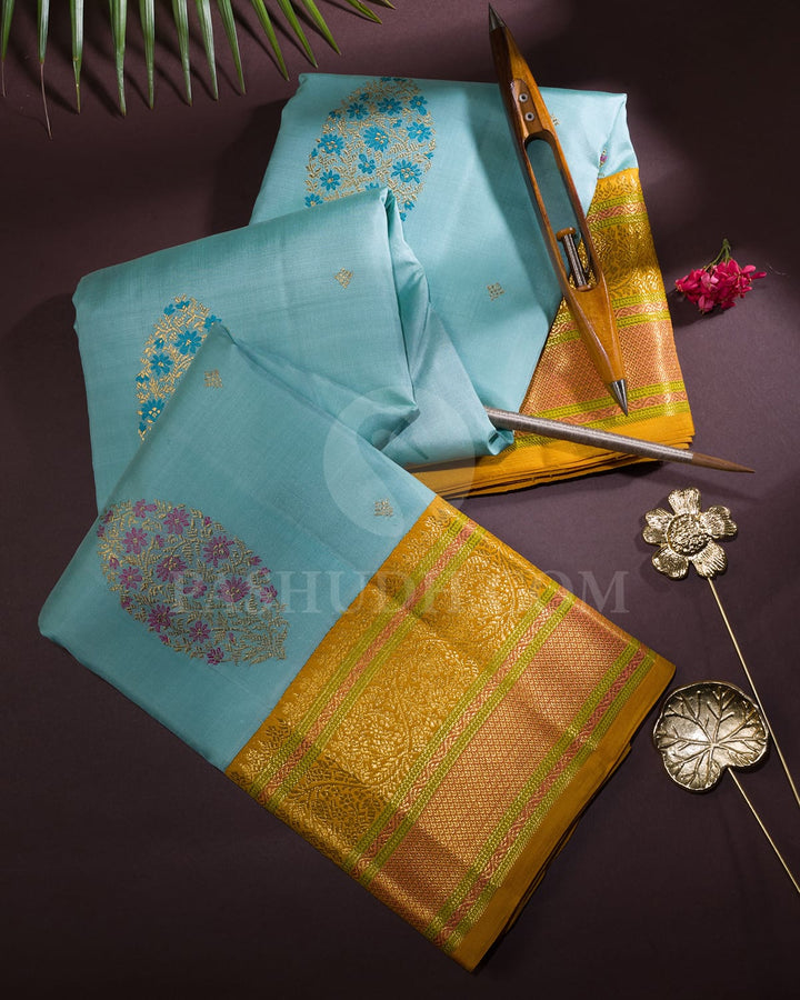 Sky Blue With Mango Yellow Kanjivaram Silk Saree-S1696(A)