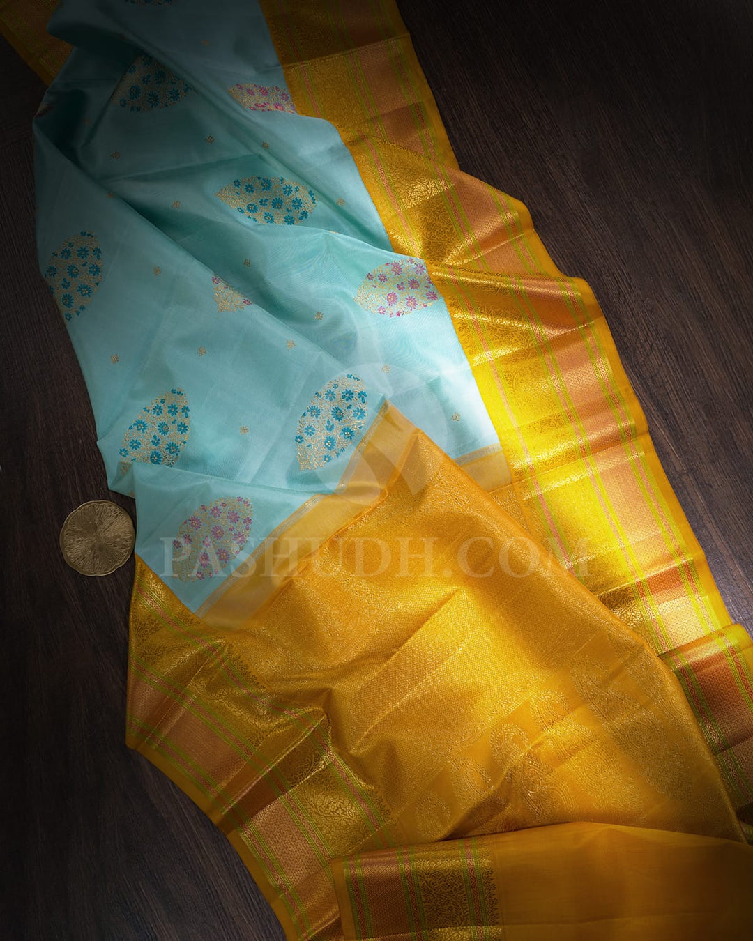 Sky Blue With Mango Yellow Kanjivaram Silk Saree-S1696(A)