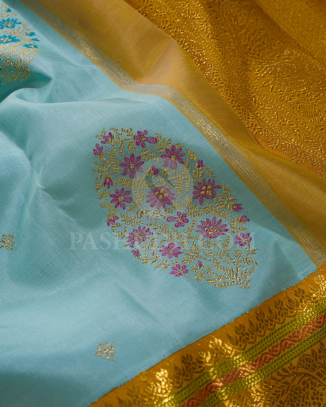 Sky Blue With Mango Yellow Kanjivaram Silk Saree-S1696(A)