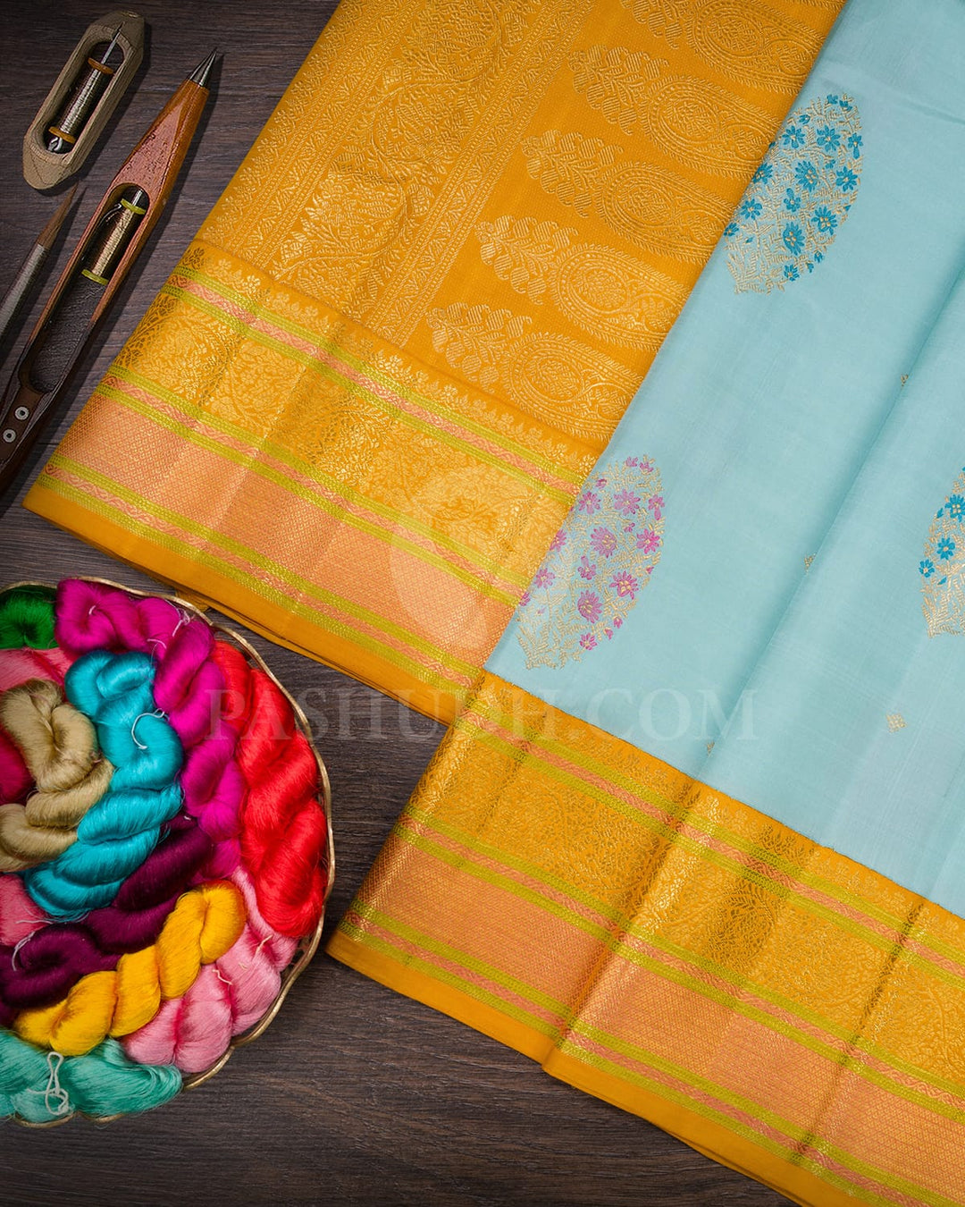 Sky Blue With Mango Yellow Kanjivaram Silk Saree-S1696(A)