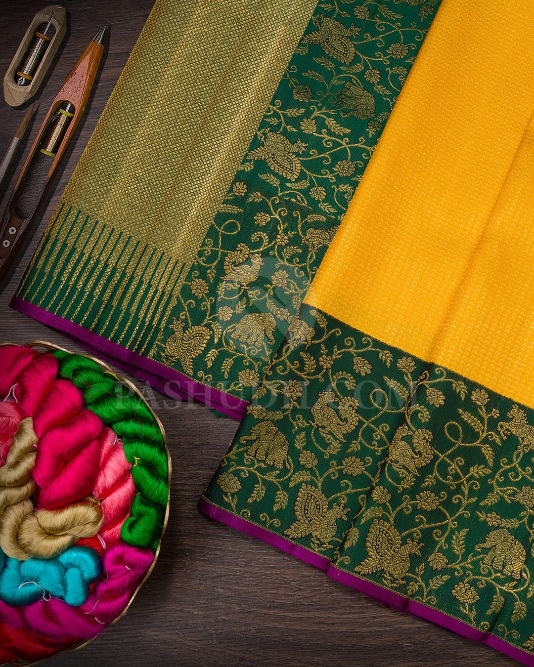 Mango Yellow With Bottle Green Kanjivaram Silk Saree-S1631(C)