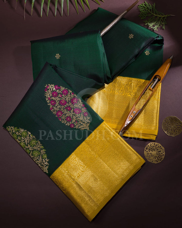 Bottle Green With Yellow Kanjivaram Silk Saree-S1707(A)