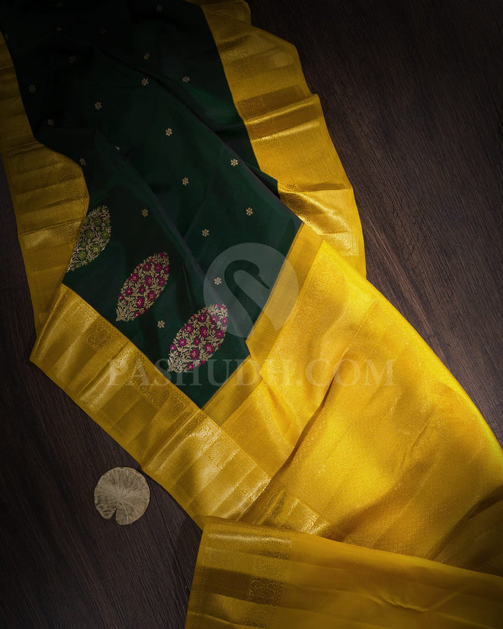 Bottle Green With Yellow Kanjivaram Silk Saree-S1707(A)