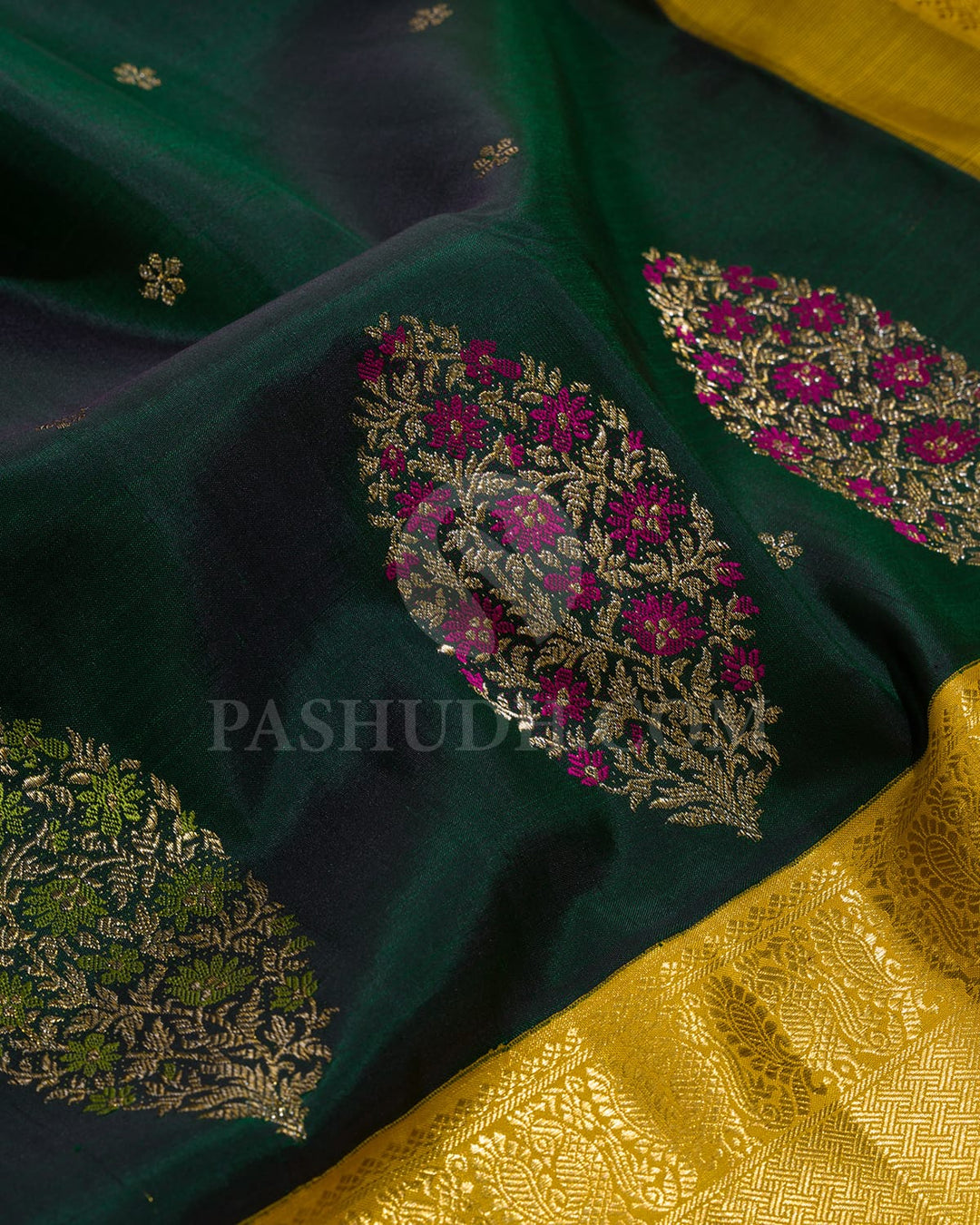 Bottle Green With Yellow Kanjivaram Silk Saree-S1707(A)