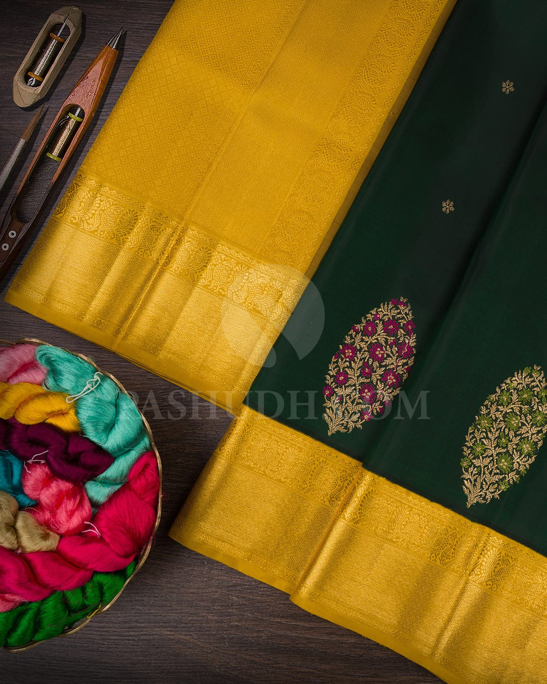 Bottle Green With Yellow Kanjivaram Silk Saree-S1707(A)