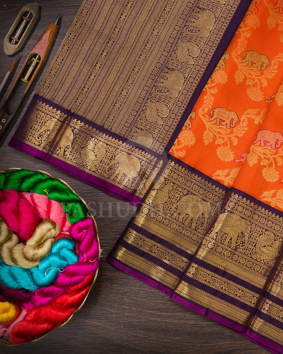 Orange With Purple Kanjivaram Silk Saree-S1676(B)