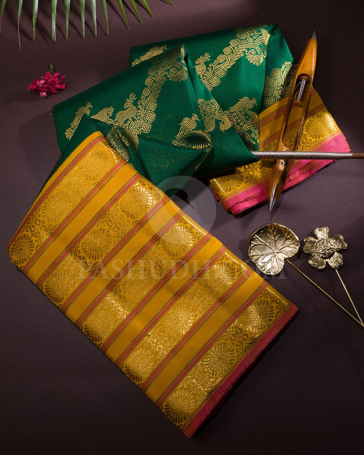 Forest Green With Turmeric Yellow Bridal Kanjivaram Silk Saree-S1711(A)