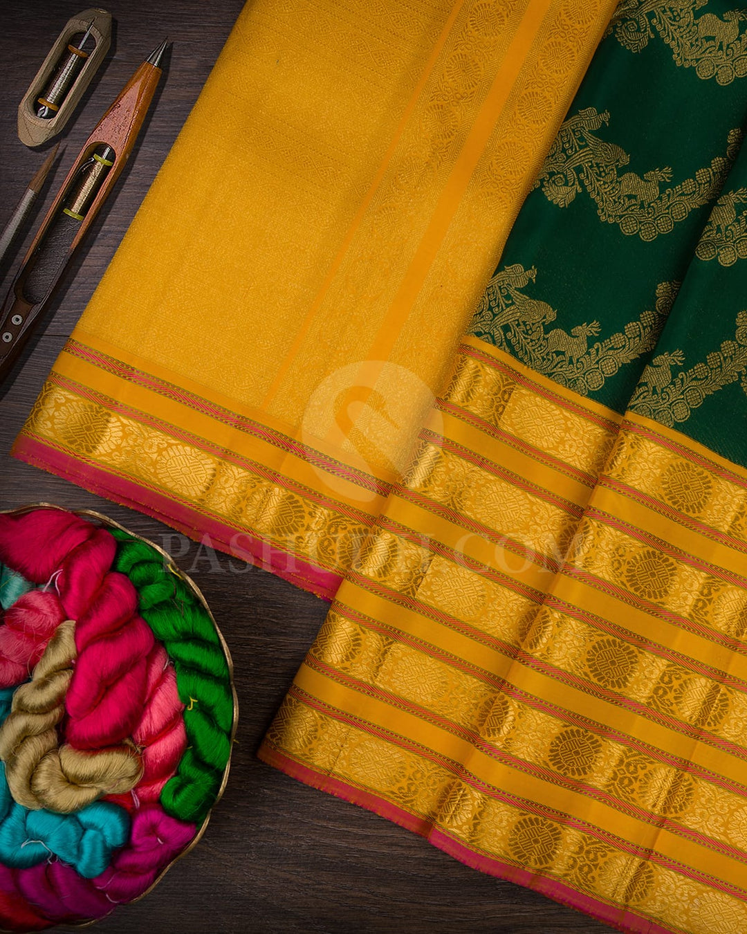 Forest Green With Turmeric Yellow Bridal Kanjivaram Silk Saree-S1711(A)