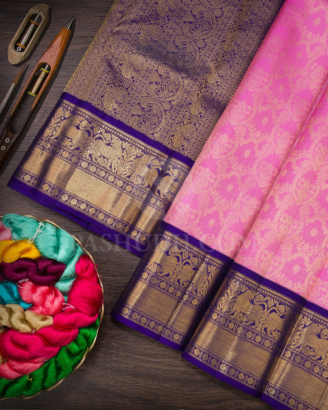 Rose Pink With Dark Blue Kanjivaram Silk Saree-SP395