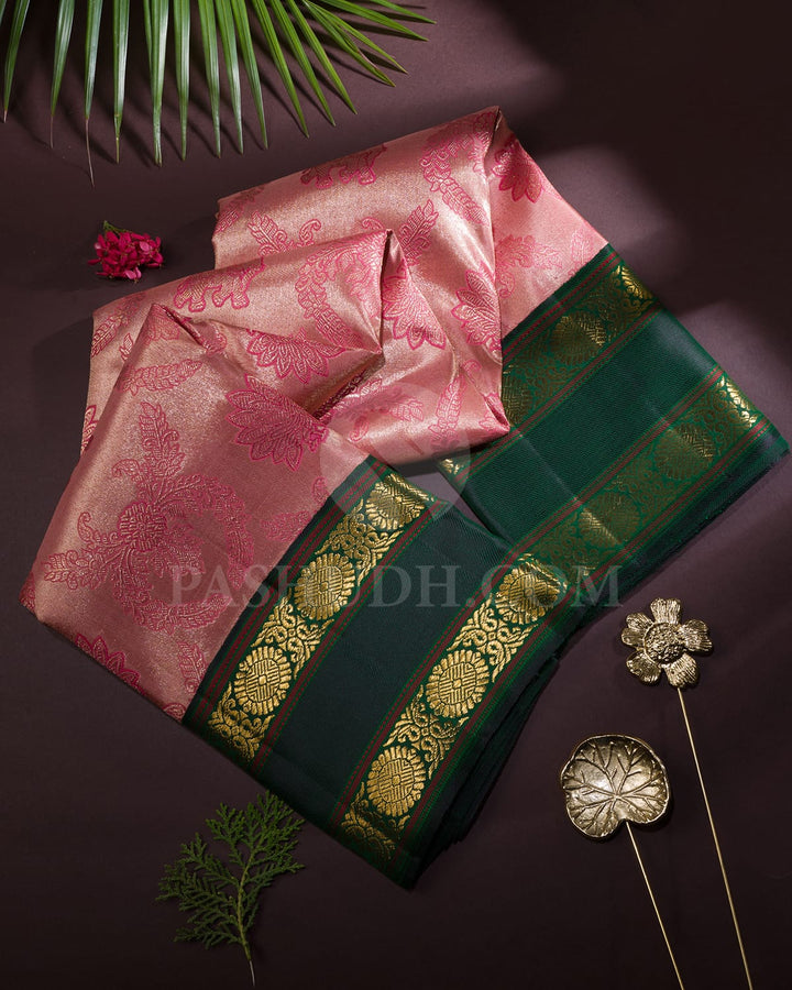 Watermelon Pink With Bottle Green Kanjivaram Silk Saree-S1681(B)