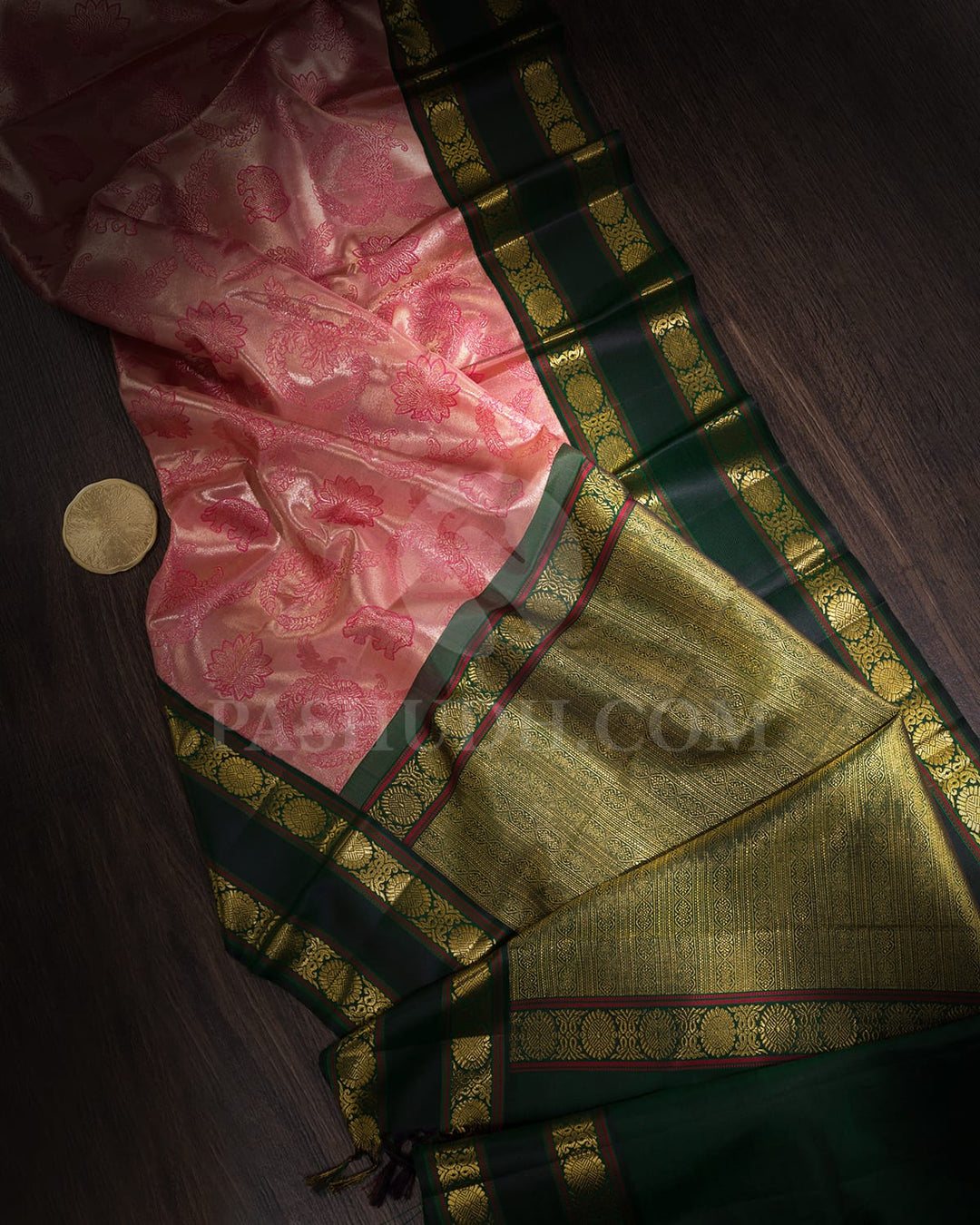 Watermelon Pink With Bottle Green Kanjivaram Silk Saree-S1681(B)