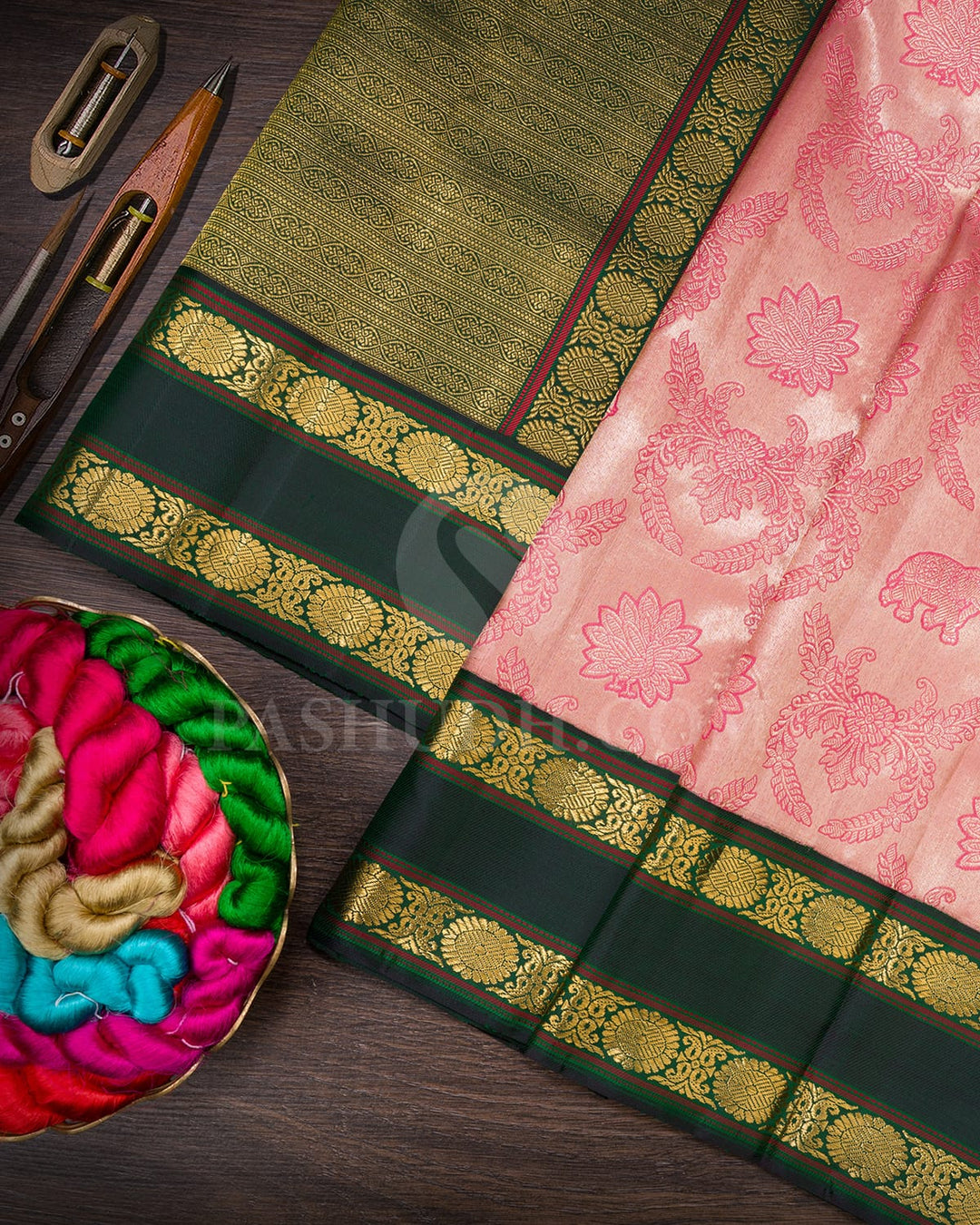 Watermelon Pink With Bottle Green Kanjivaram Silk Saree-S1681(B)