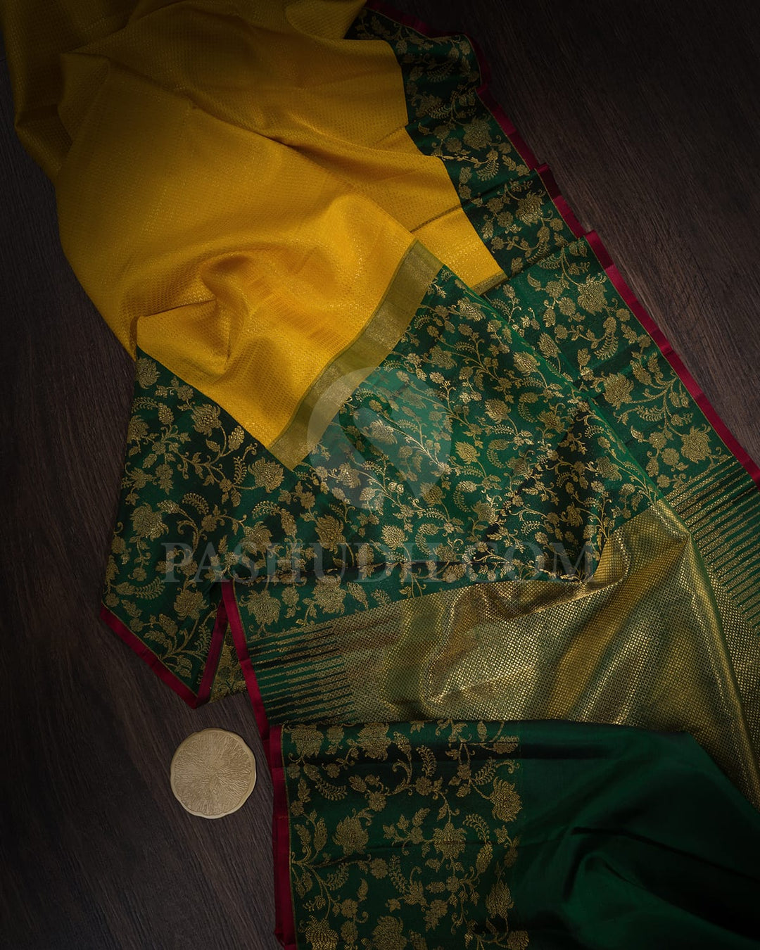 Turmeric Yellow With Bottle Green Kanjivaram Silk Saree-S1070(N)
