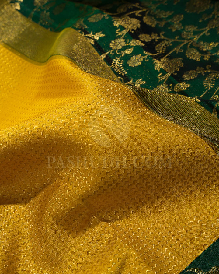Turmeric Yellow With Bottle Green Kanjivaram Silk Saree-S1070(N)