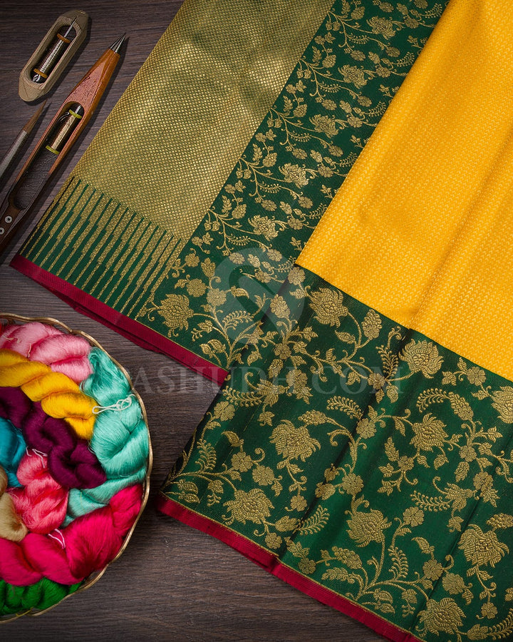 Turmeric Yellow With Bottle Green Kanjivaram Silk Saree-S1070(N)