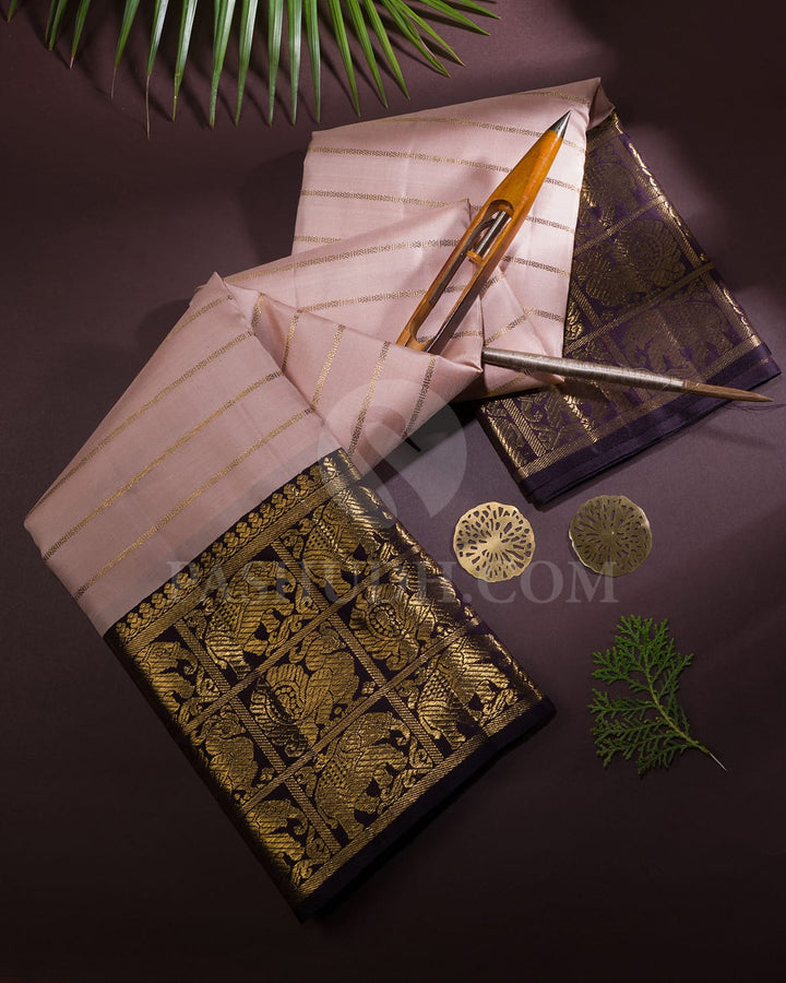 Powder Pink With Aubergine Kanjivaram Silk Saree-SP399