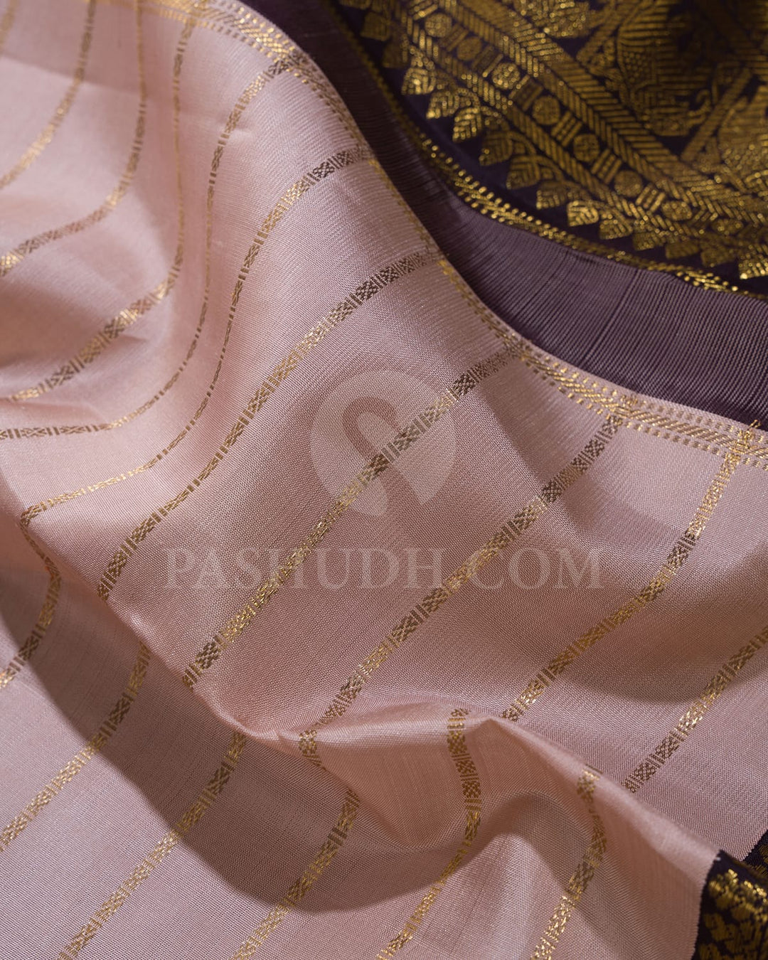 Powder Pink With Aubergine Kanjivaram Silk Saree-SP399