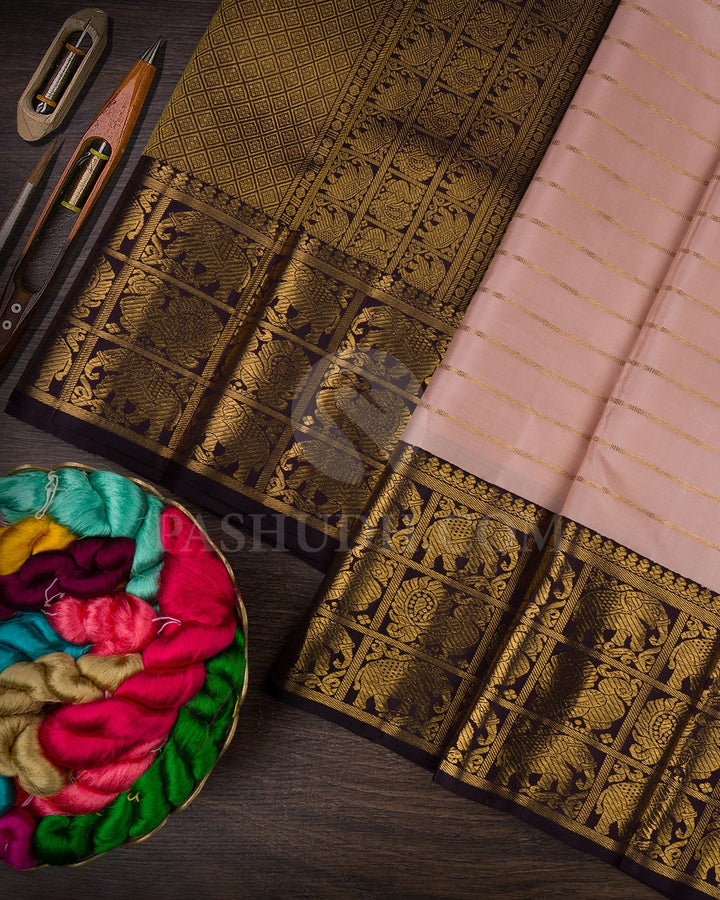 Powder Pink With Aubergine Kanjivaram Silk Saree-SP399