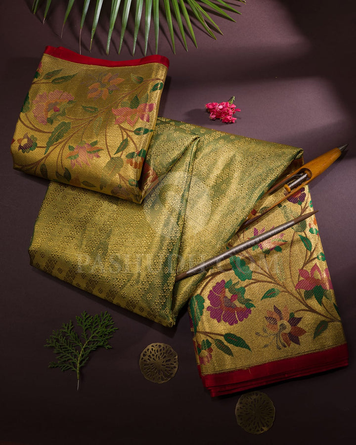 Light Green With Red Tissue Shimmer Kanjivaram Silk Saree-S1700(A)