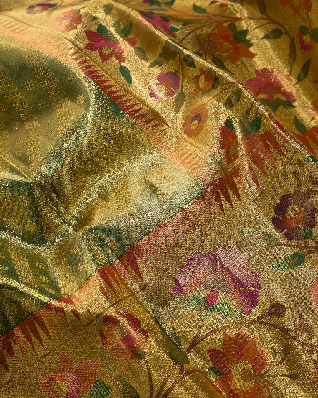 Light Green With Red Tissue Shimmer Kanjivaram Silk Saree-S1700(A)