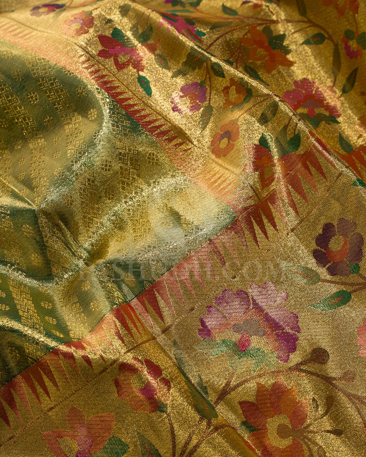 Light Green With Red Tissue Shimmer Kanjivaram Silk Saree-S1700(A)