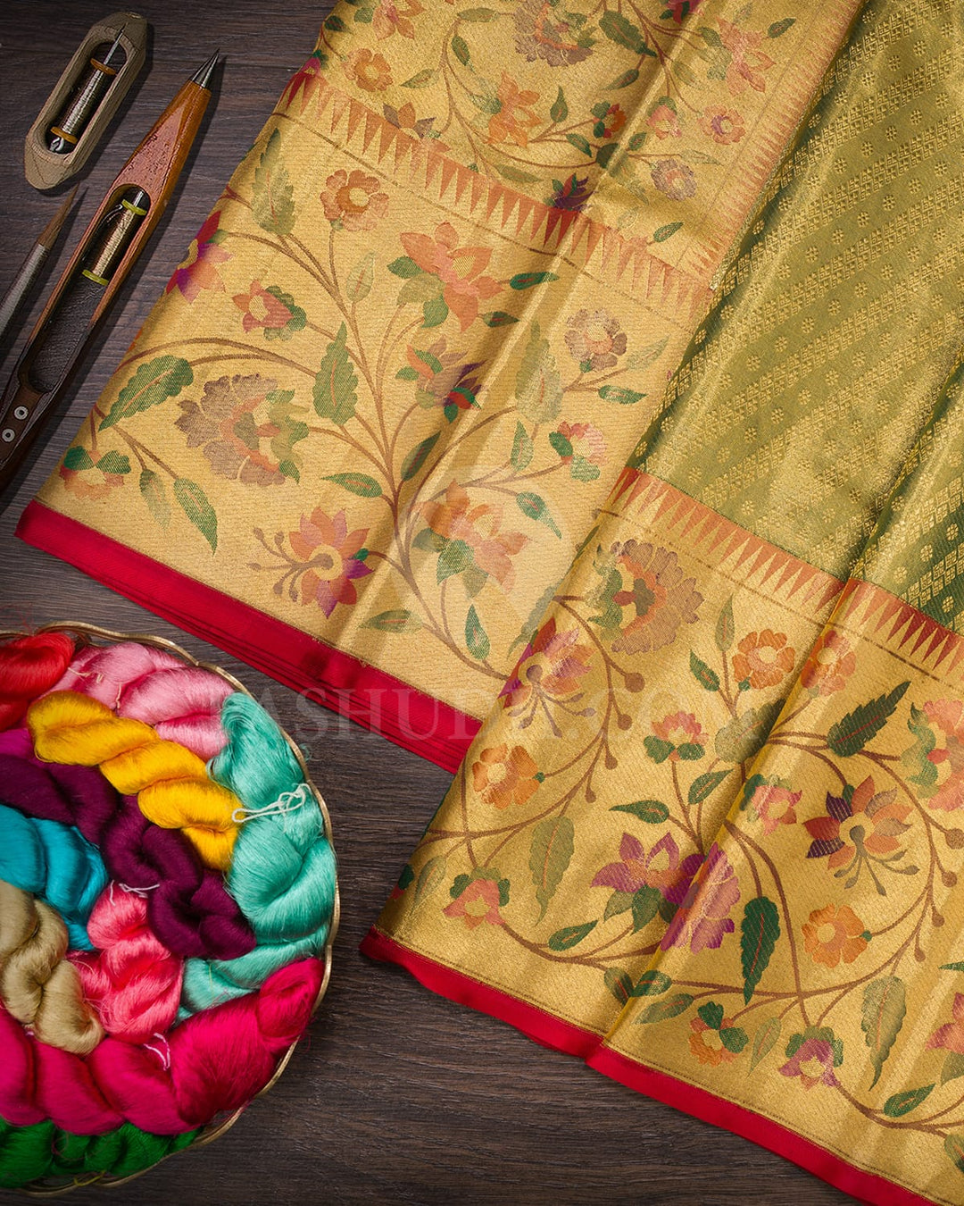 Light Green With Red Tissue Shimmer Kanjivaram Silk Saree-S1700(A)