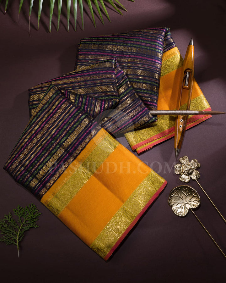 Navy Blue And Mango Yellow Kanjivaram Silk Saree-S1484(G)