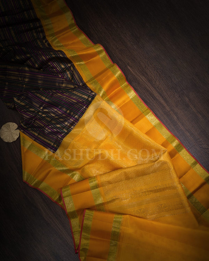 Navy Blue And Mango Yellow Kanjivaram Silk Saree-S1484(G)