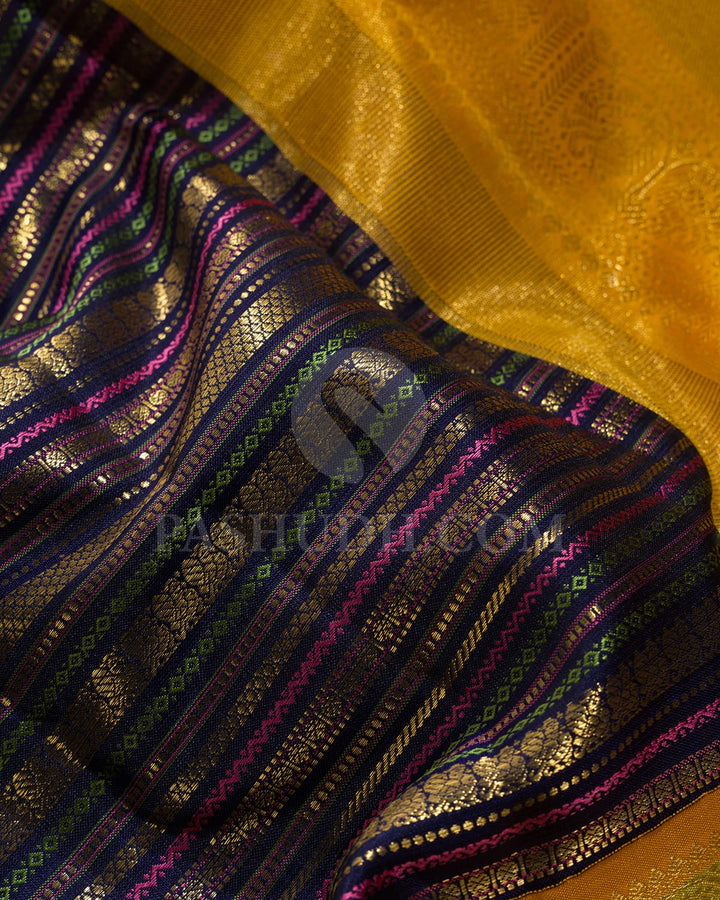 Navy Blue And Mango Yellow Kanjivaram Silk Saree-S1484(G)