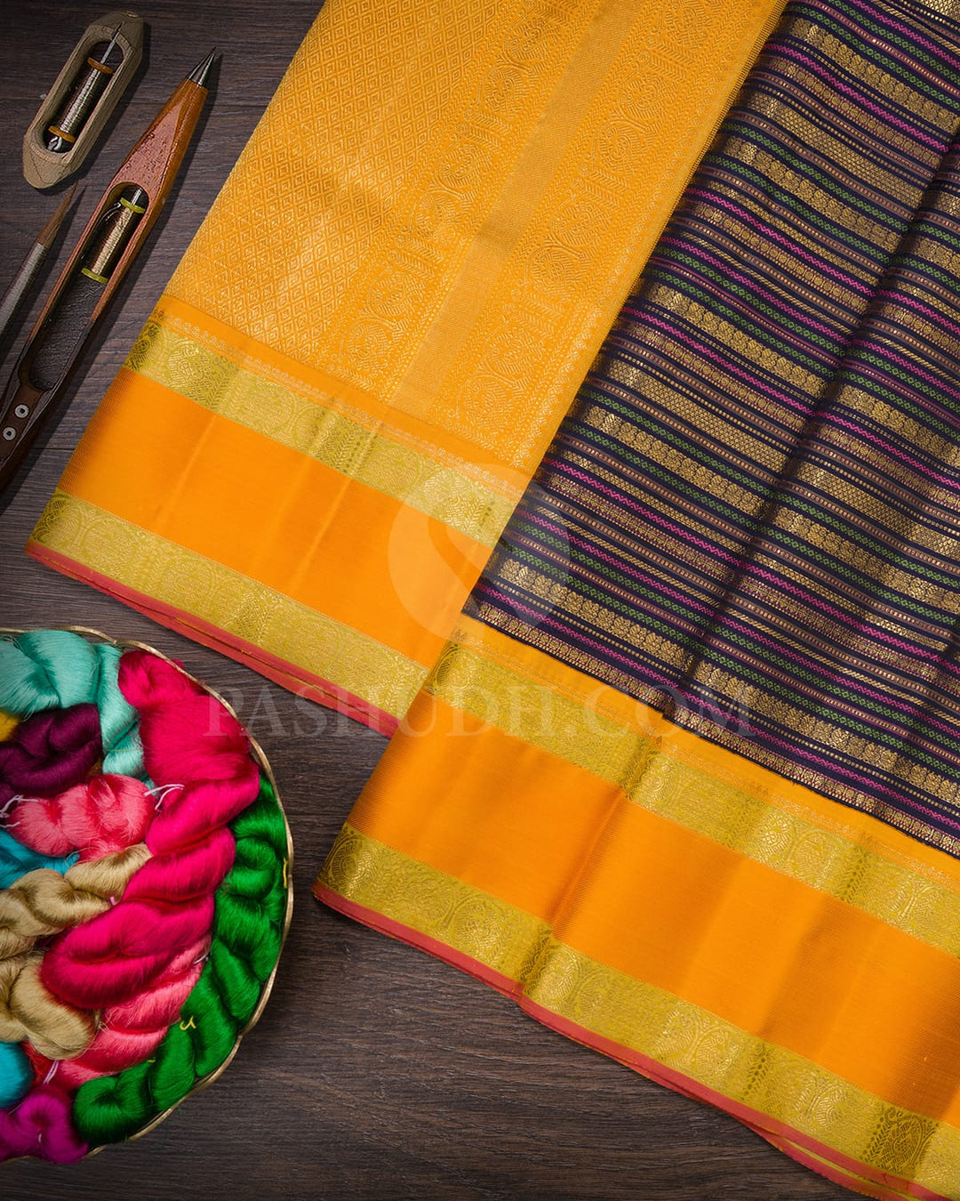 Navy Blue And Mango Yellow Kanjivaram Silk Saree-S1484(G)