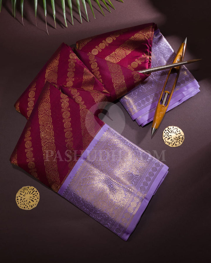 Maroon With Lavender Kanjivaram Silk Saree-SP396