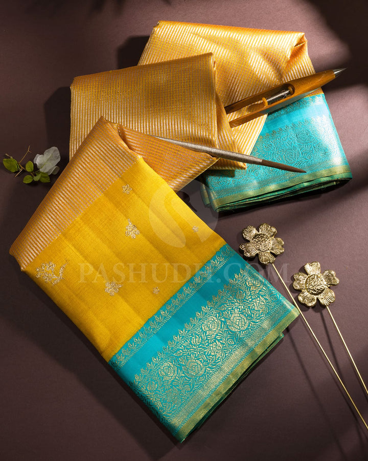 Mango Yellow With Sky Blue Kanjivaram Silk Saree-S1730(A)